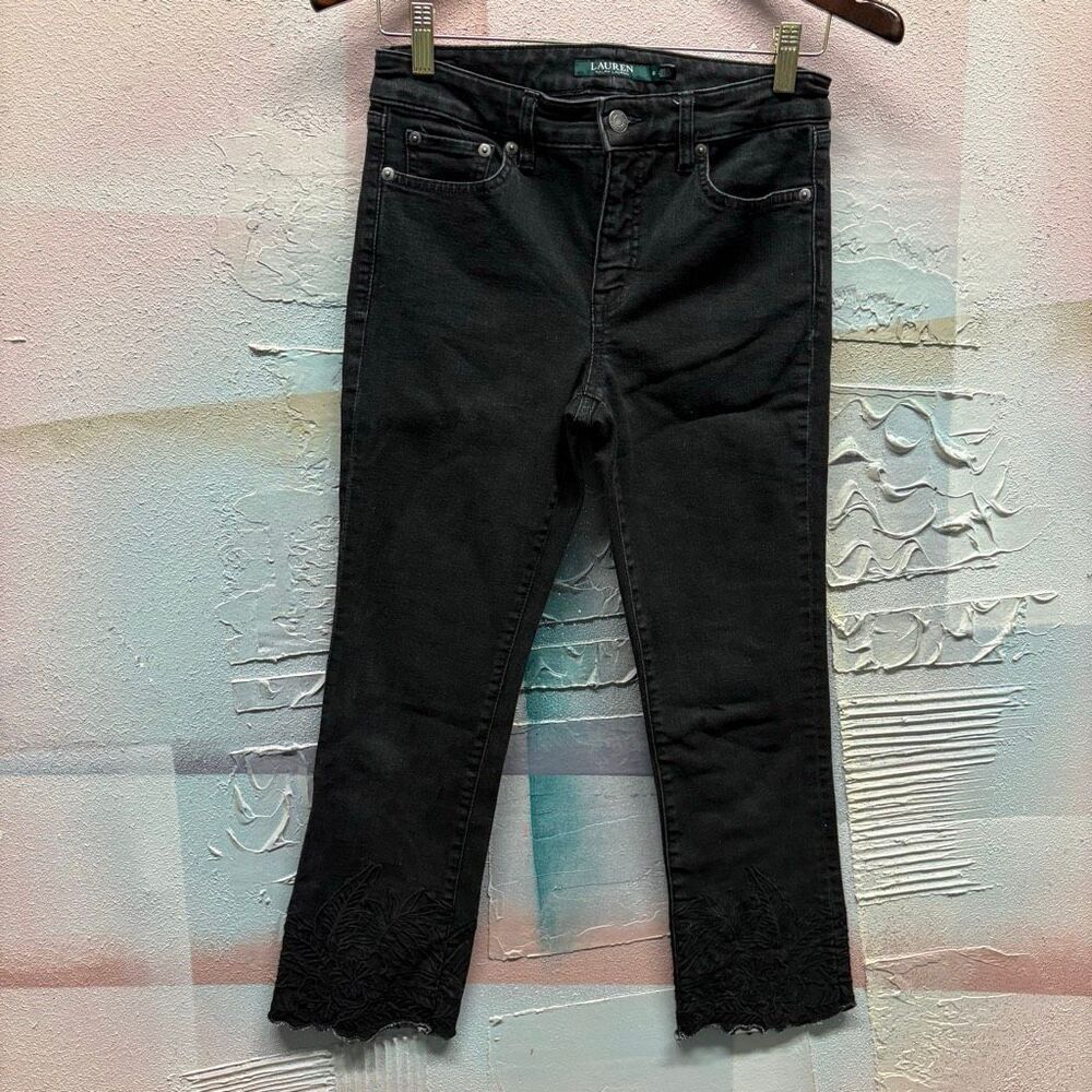 Lauren Ralph Lauren 2 Black Jeans Embroidered Denim Pants Boardwalk Preppy Artsy